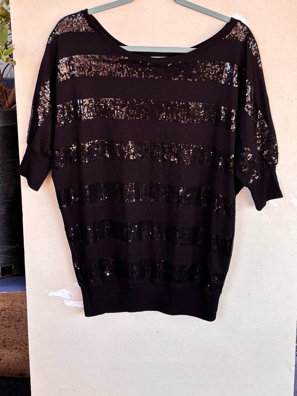 Next Era Black Sequin Striped Short Sleeve Top